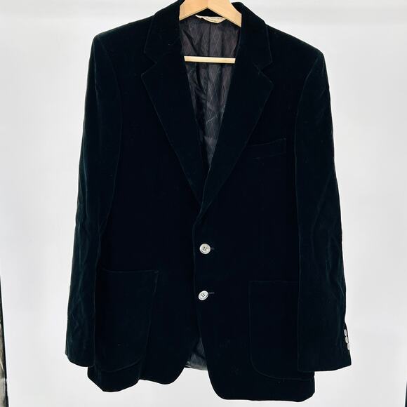 Vintage 80s Oleg Cassini Black Velvet Two-Button Blazer Jacket - Picture 1 of 6